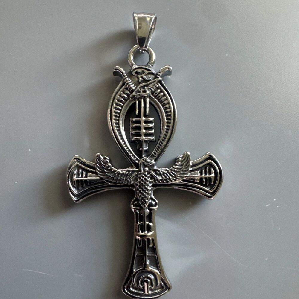 Silver Plated Stainless Steel Egyptian Ankh Cross Pendant 24” Box Chain Eagle